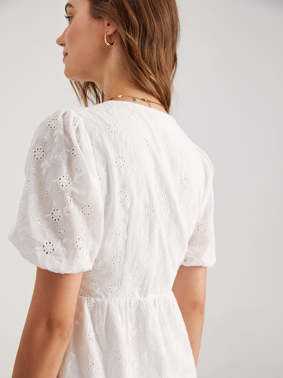 Thecomense - Short Puff Sleeve Eyelet M Dress