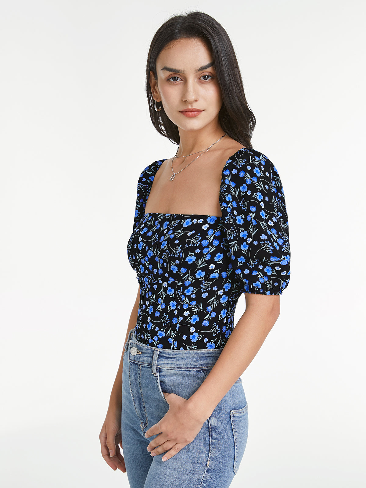 Thecomense - Square Neck Indigo Floral Short Puff Sleeve Top