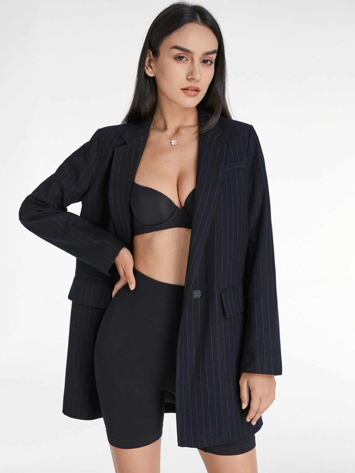 Thecomense - Pinstripe Single Button Single Breasted Deep V Long Blazer