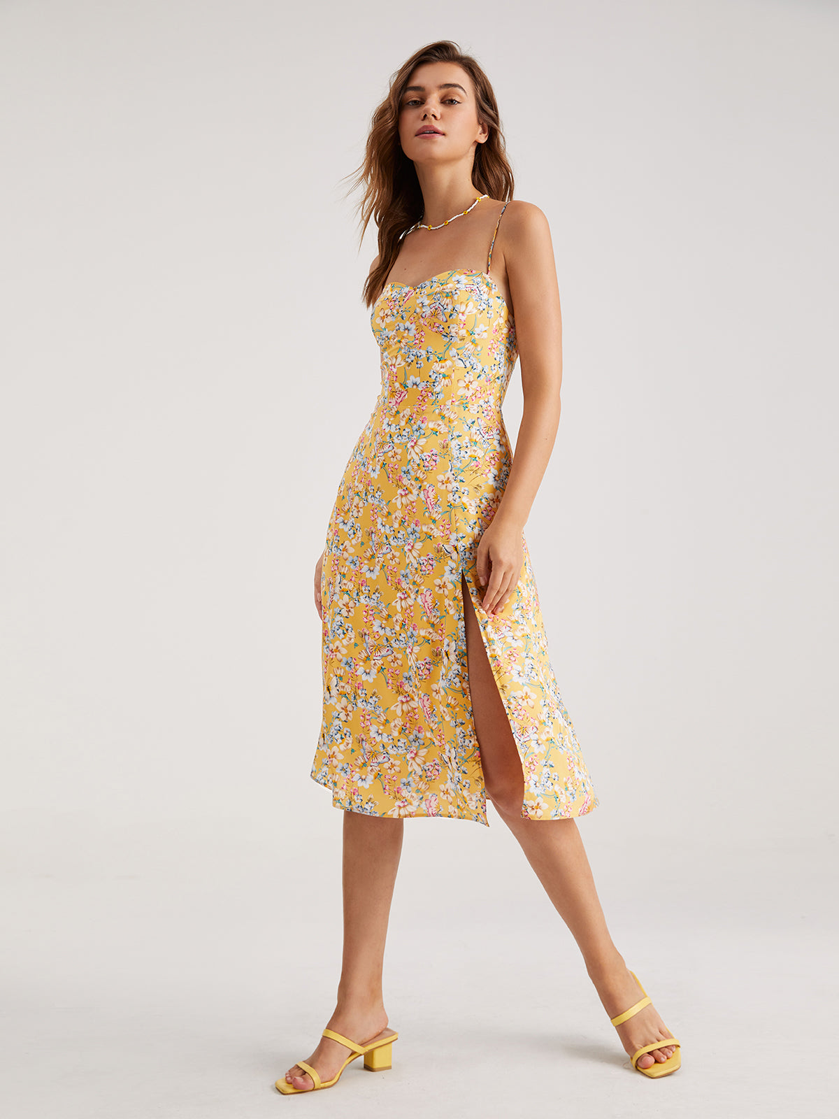 Thecomense - Contour Floral Slit Midi Dress