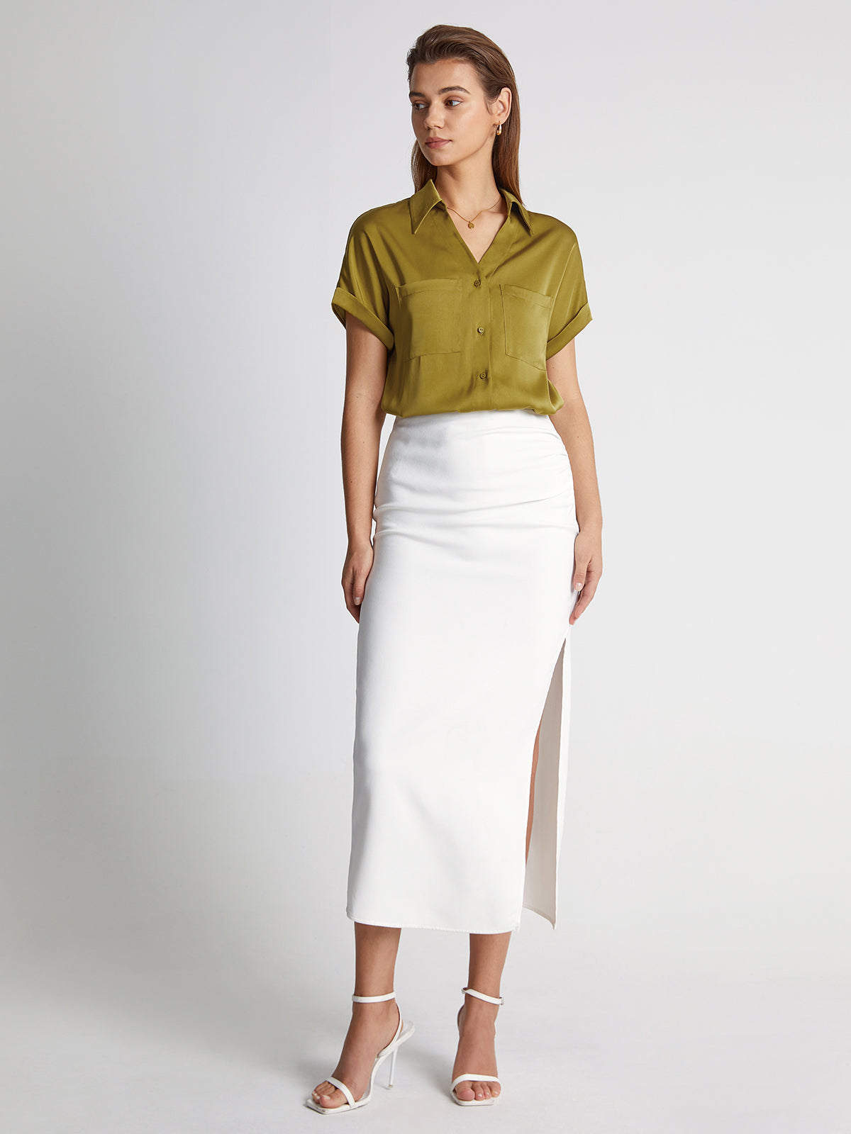 Thecomense - Double Pocket Satin Button Up Short Sleeve Shirt