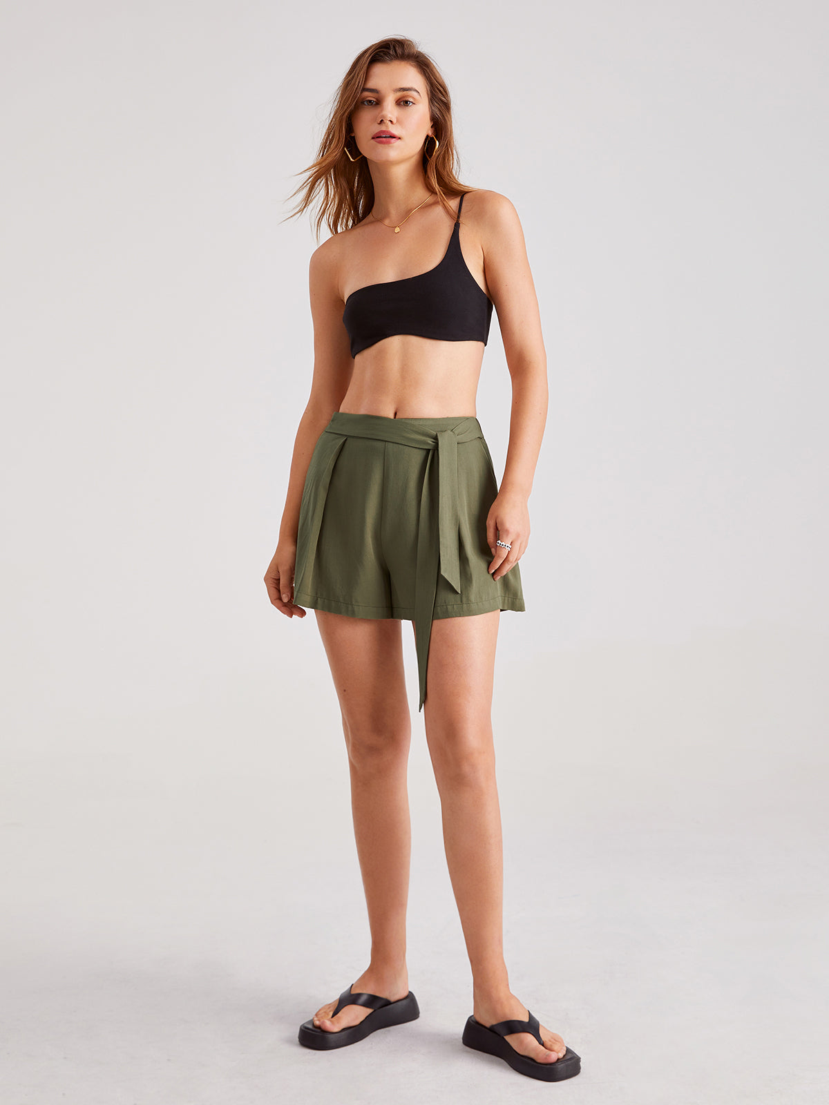 Thecomense - Mid Rise Belted Pleat Mini Shorts