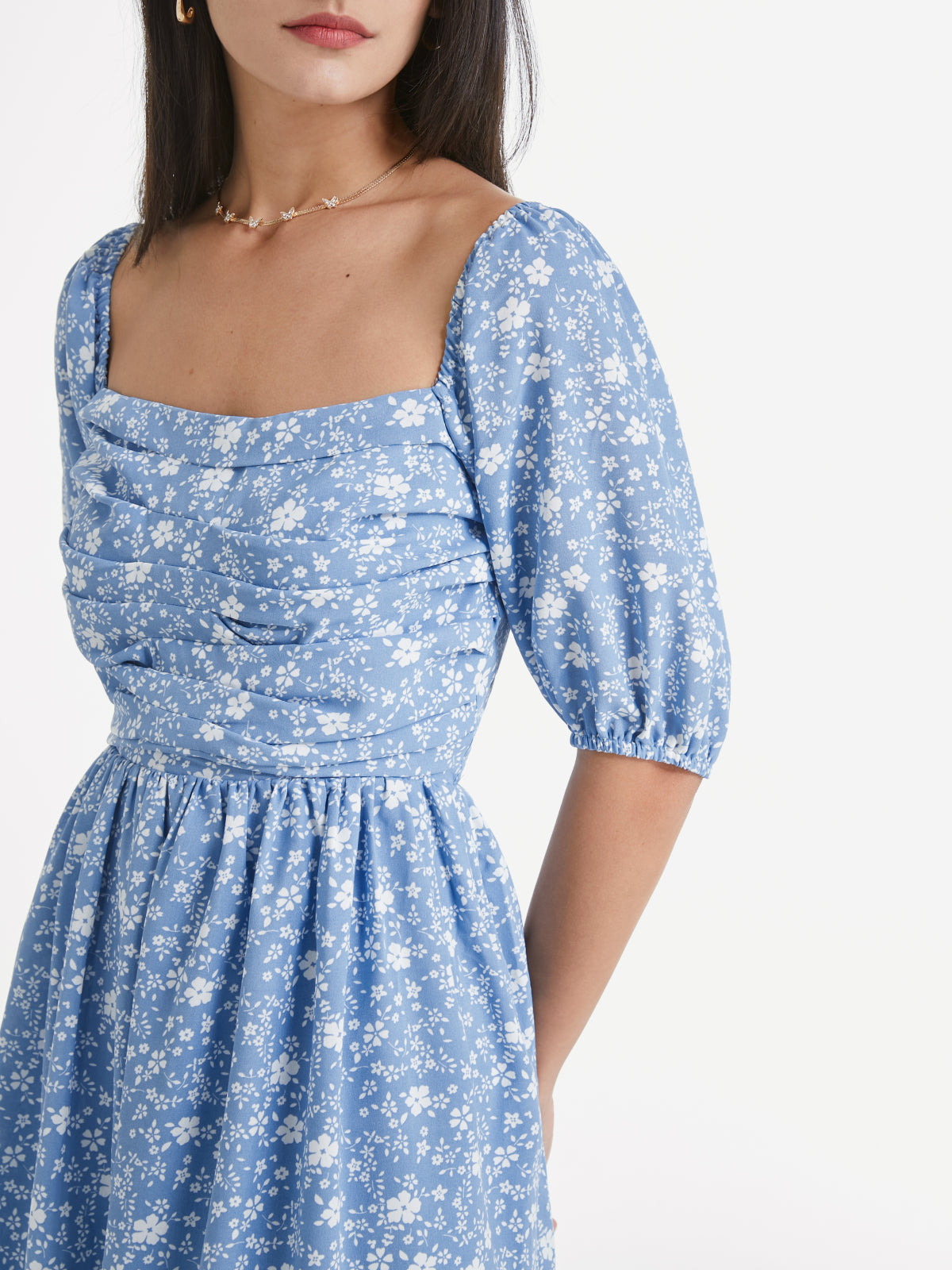 Thecomense - Square Neck Short Puff Sleeve Floral Cloud Midi A Line Dress