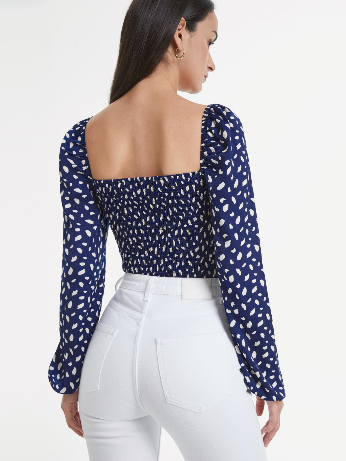 Thecomense - Sweetheart Contour Long Puff Sleeve Printed Top