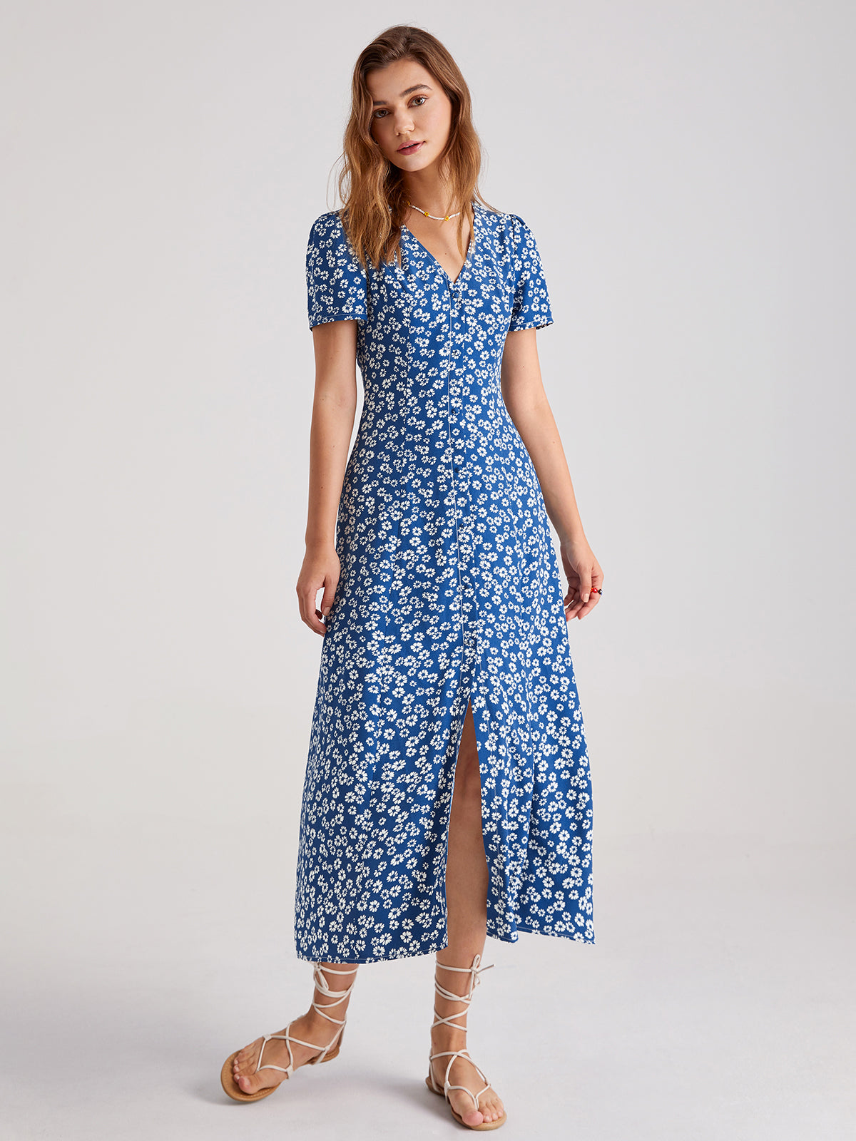 Thecomense - Sweetheart V-Neck Daisy Midi Dress