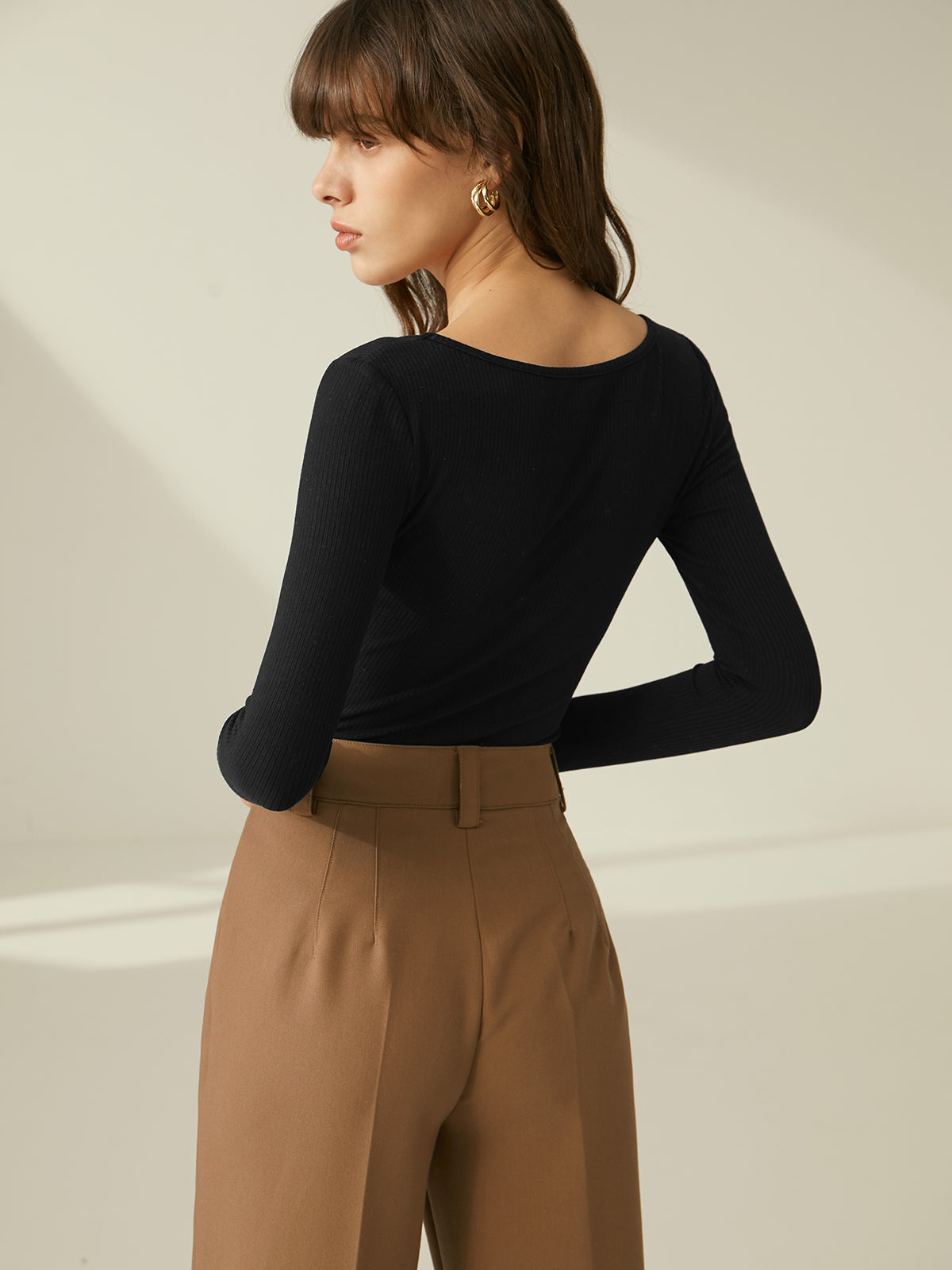 Thecomense - Ribbed Sweetheart Long Sleeve Top