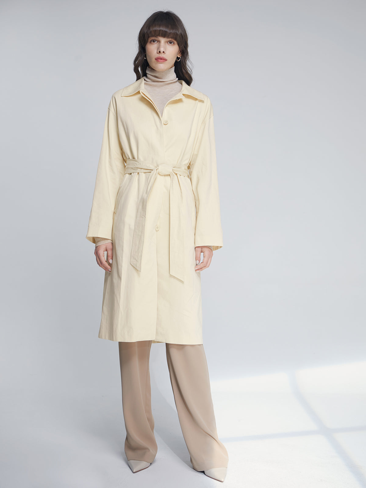 Thecomense - Mid-Length Belted Collared Trench Coat