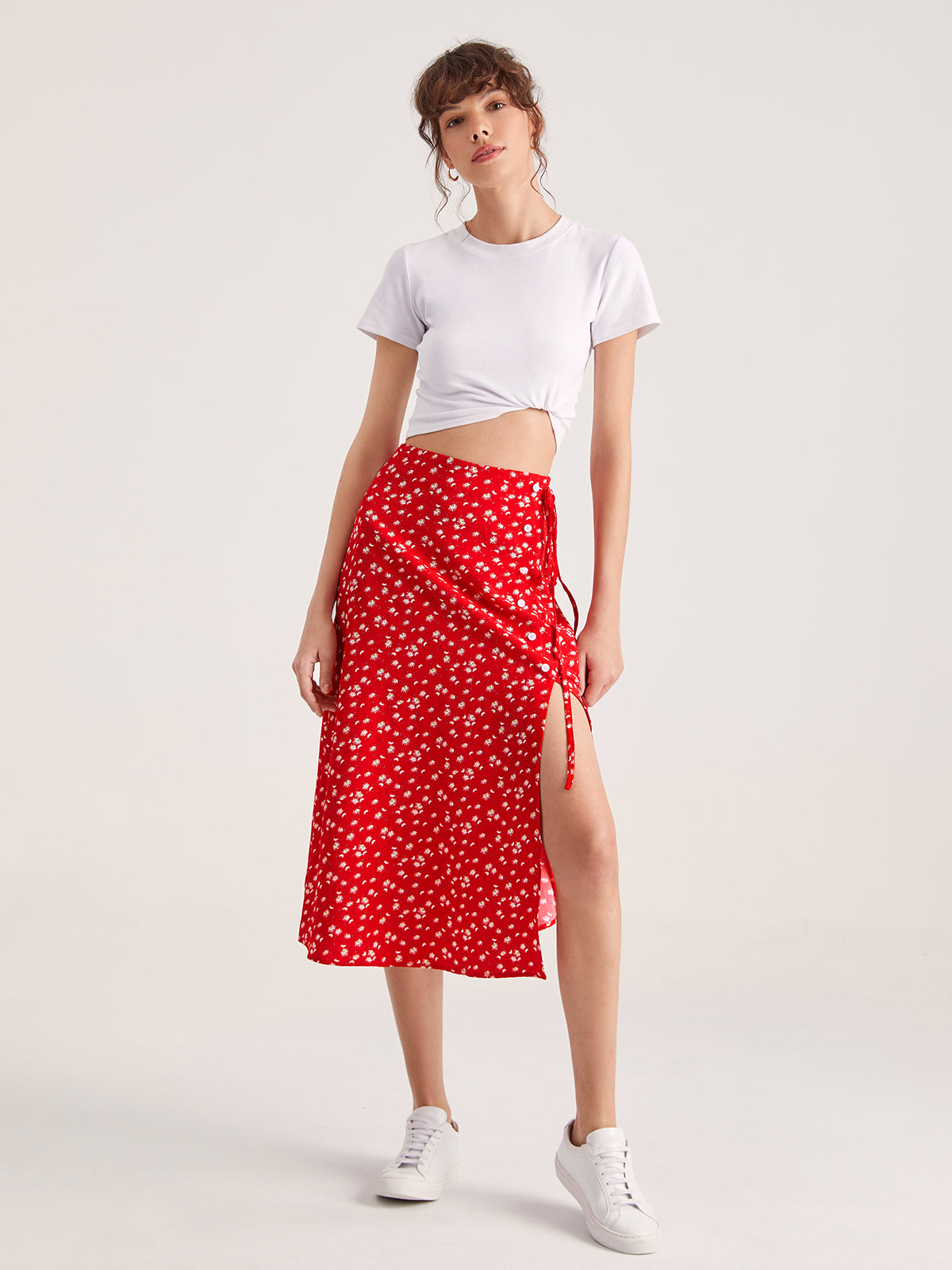Thecomense - Sweetheart Floral Button Split Midi Skirt