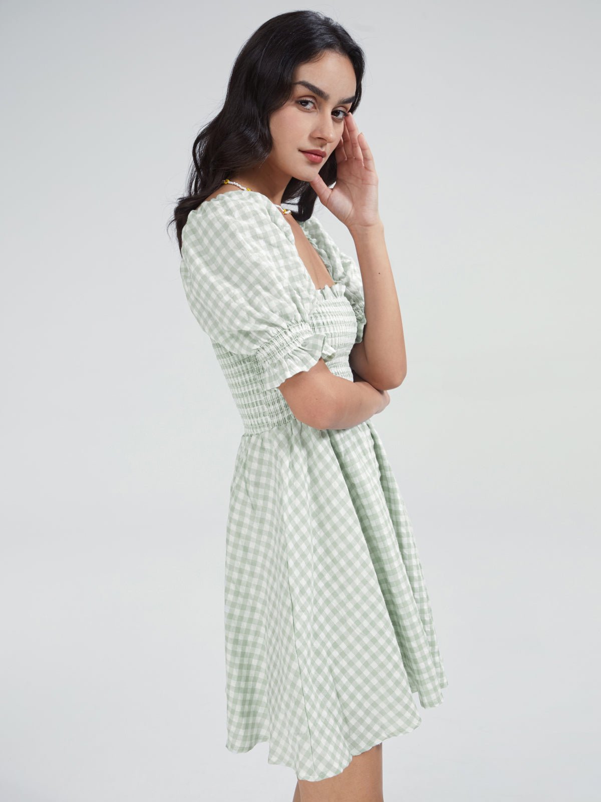 Thecomense - Square Neck Gingham Short Puff Sleeve Mini A Line Dress