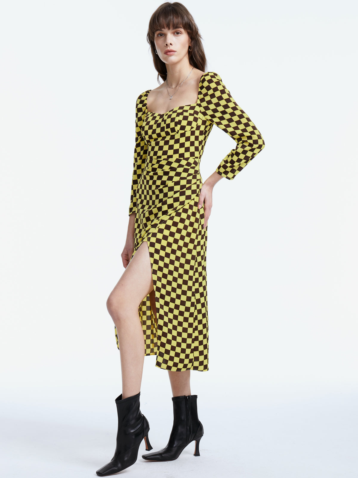 Thecomense - Square Neck Long Sleeve Racer Checkered Midi Slit Dress