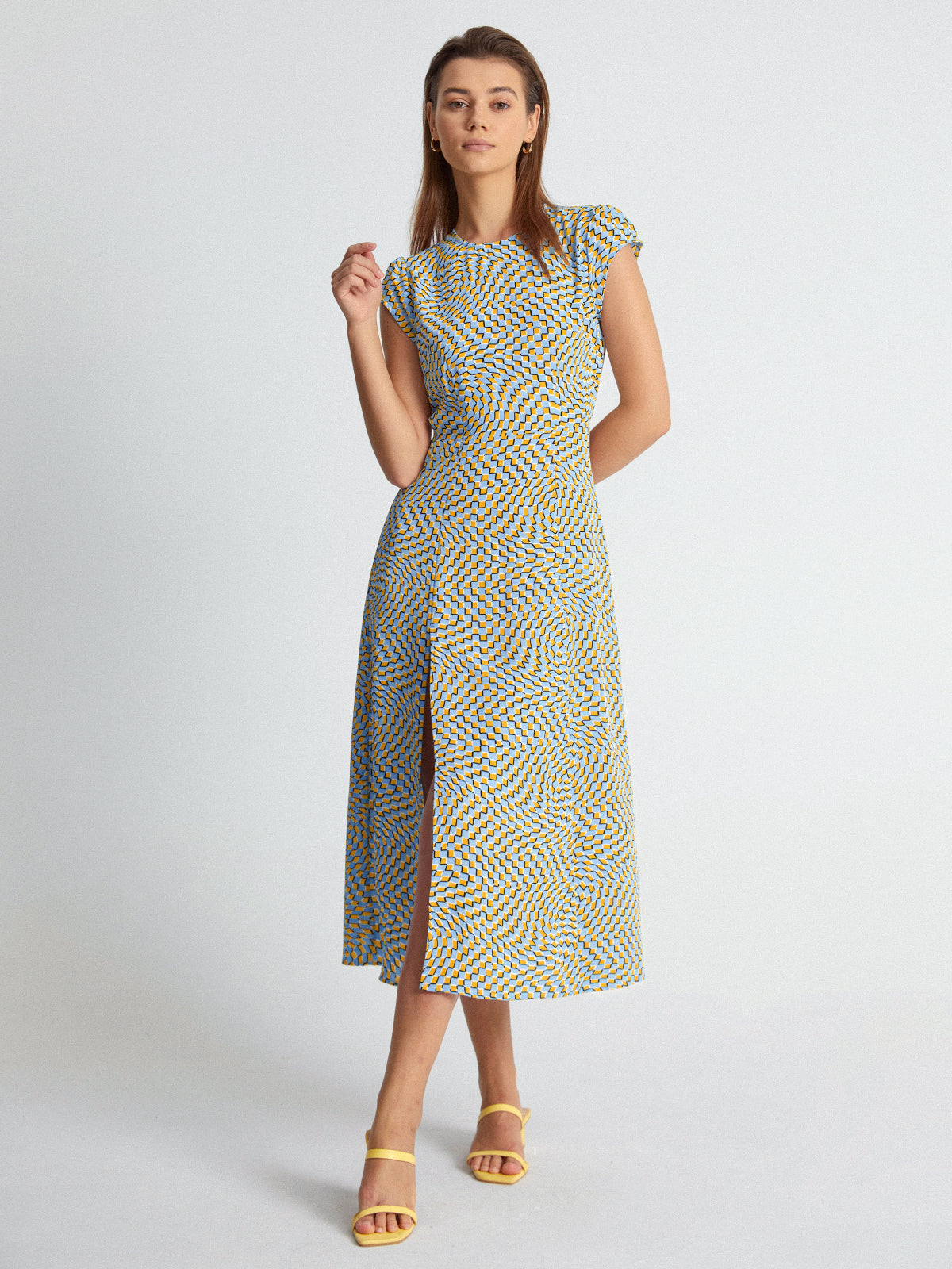 Thecomense - Shoulder Cap Groovy Scoop Neck Midi Dress