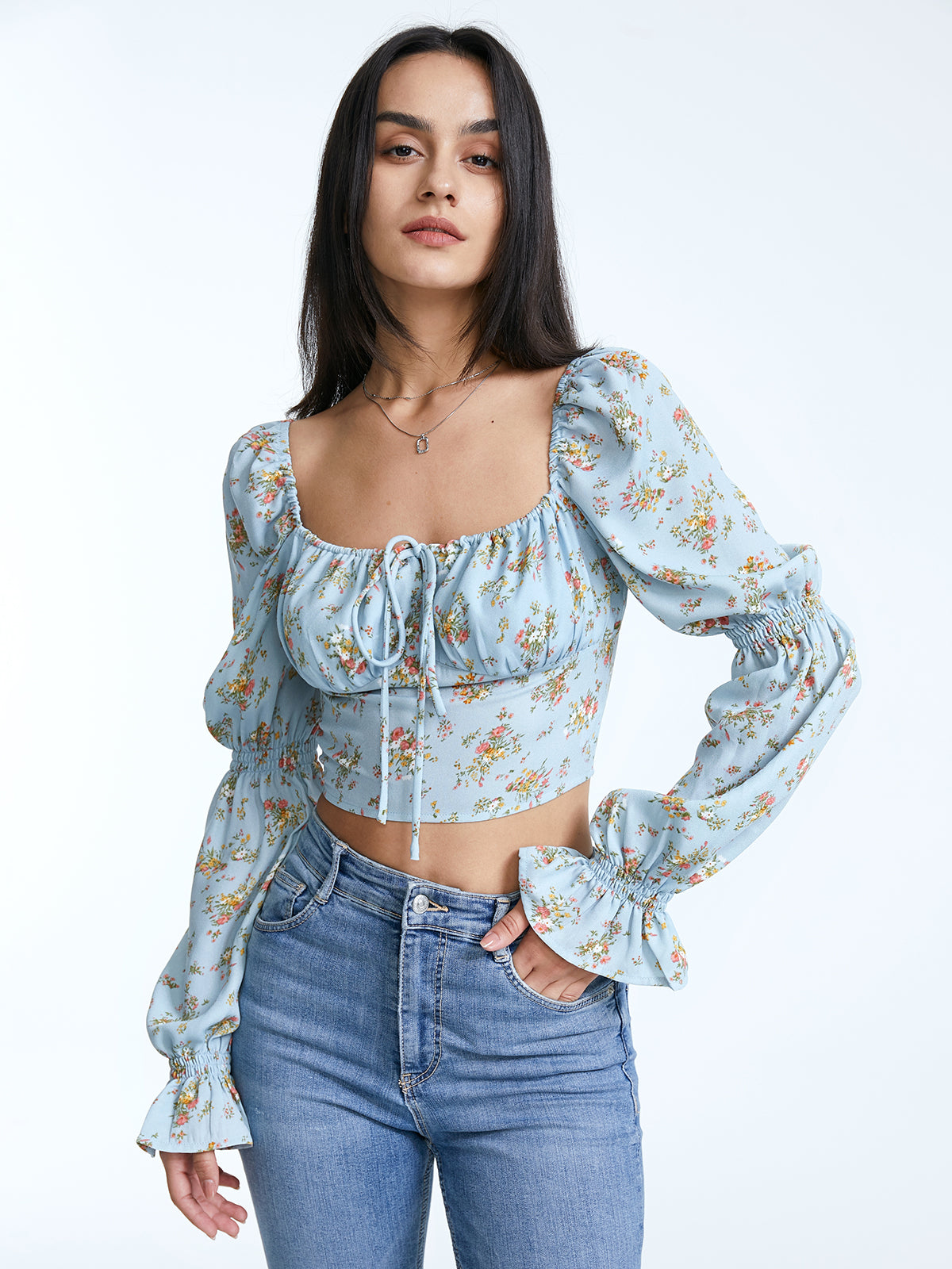 Thecomense - Square Ruche Neck Tie Front Long Puff Sleeve Cropped Floral Top