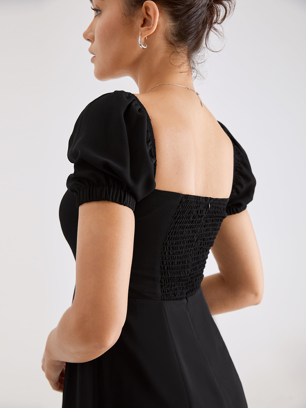 Thecomense - Short Puff Sleeve Dress With Mesh Overlay