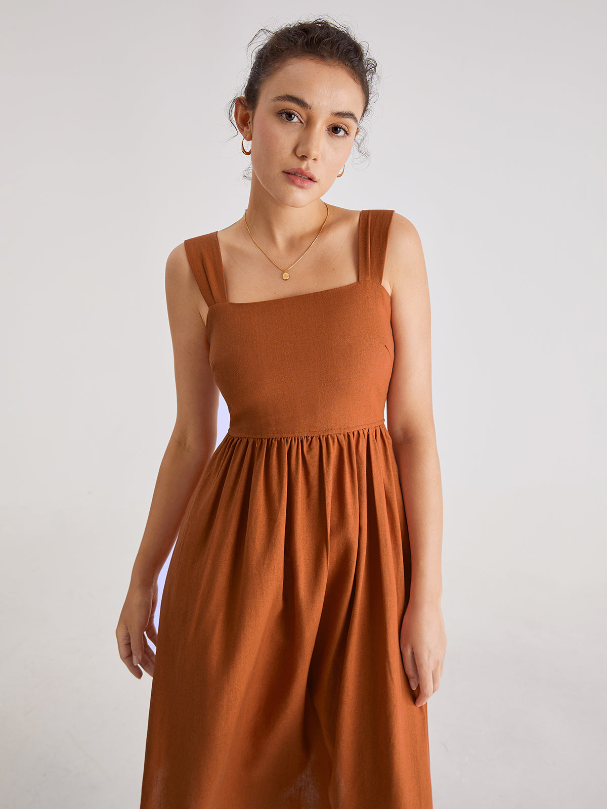 Thecomense - Square Neck A Line Pleat Strap Dress