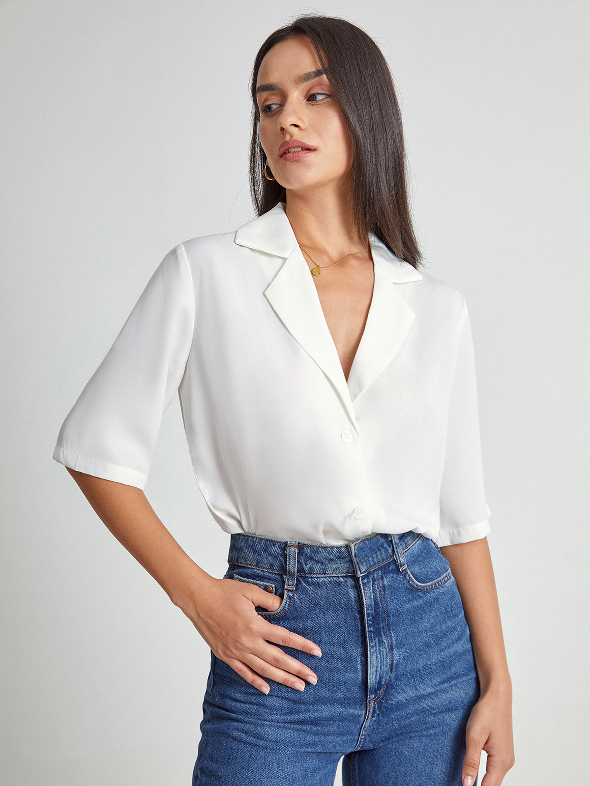 Thecomense - Quarter Sleeve Deep V Notch Lapel Blazer Shirt