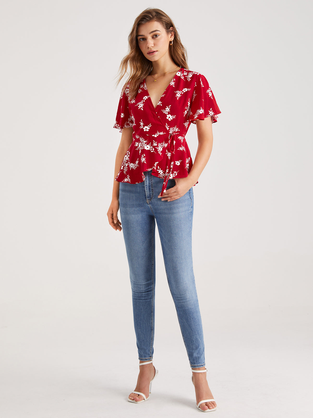 Thecomense - V-Neck Floral Wrap Tie Top