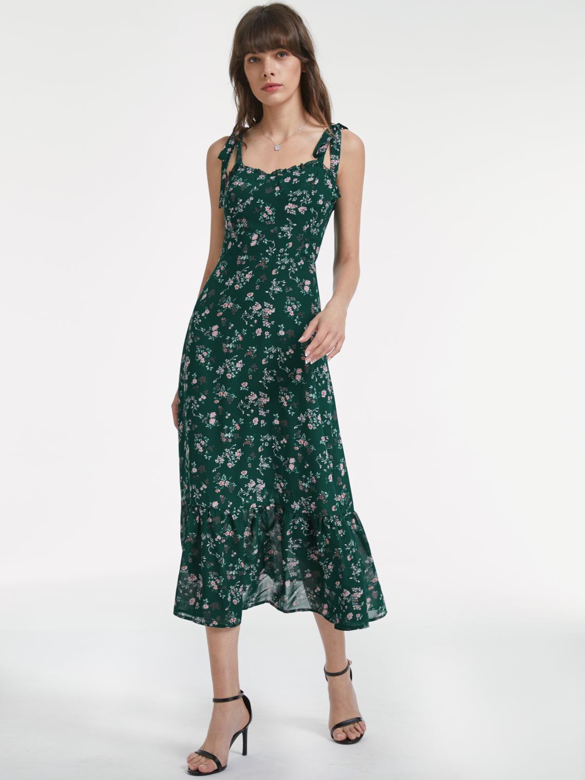 Thecomense - Wide Tie Strap Sweetheart Floral Dress With Ruffle Hem