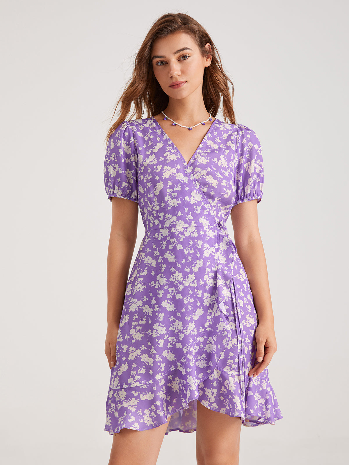 Thecomense - Mauve Sweetheart Floral Ruffle Side Tie Dress