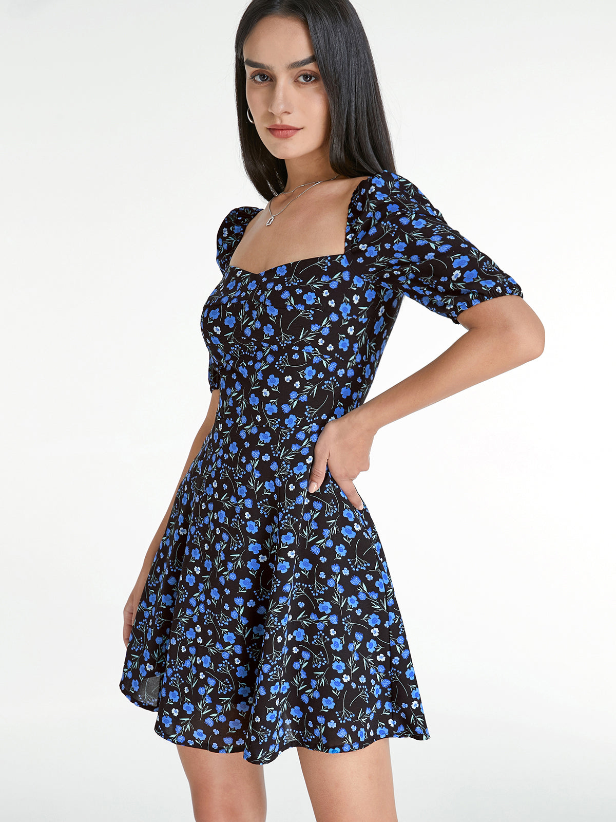 Thecomense - Square Neck Short Puff Sleeve Dark Floral Mini Dress