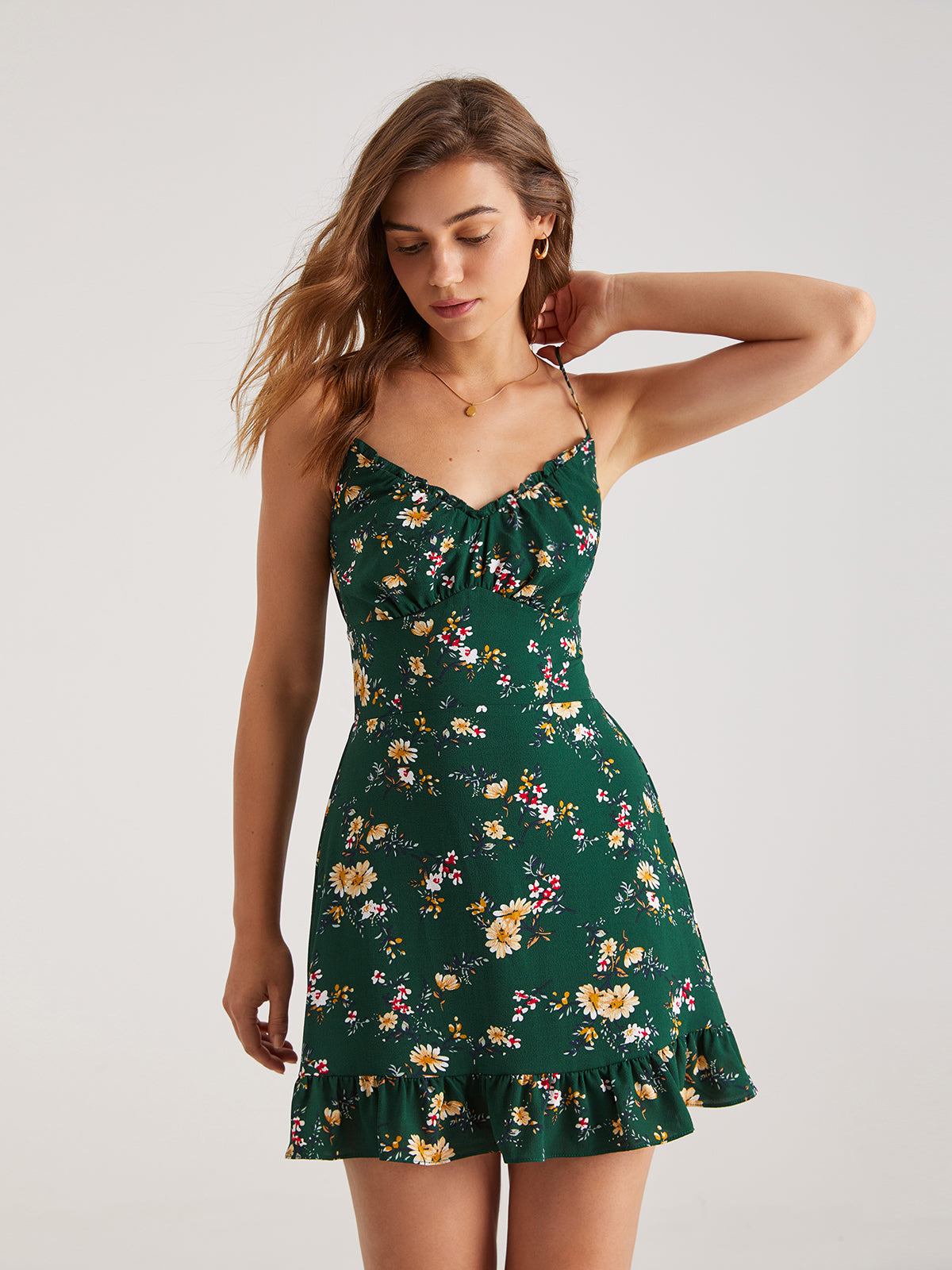 Thecomense - Emerald Green V-Neck Ruffle Hem Mini Dress