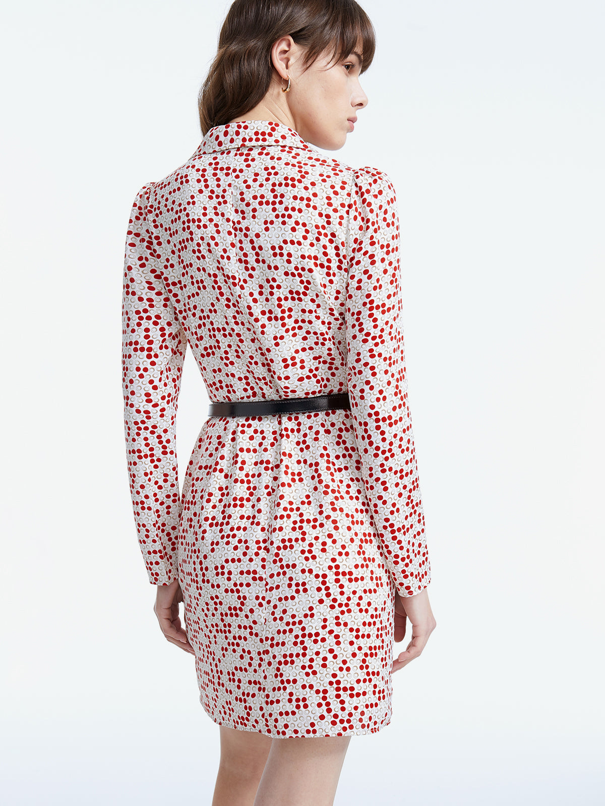 Thecomense - Long Sleeve Polka Dot Collared Belted Mini Dress