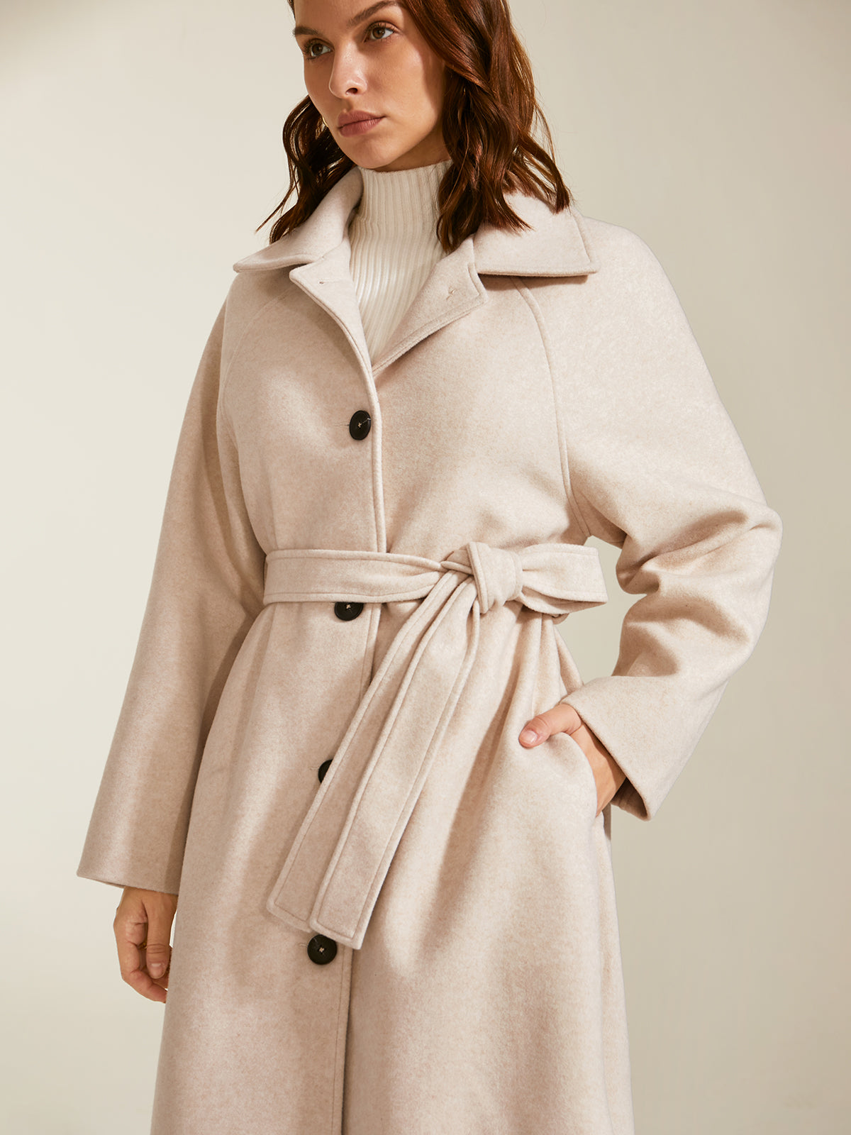 Thecomense - Brushed Wool Long Belted Overcoat