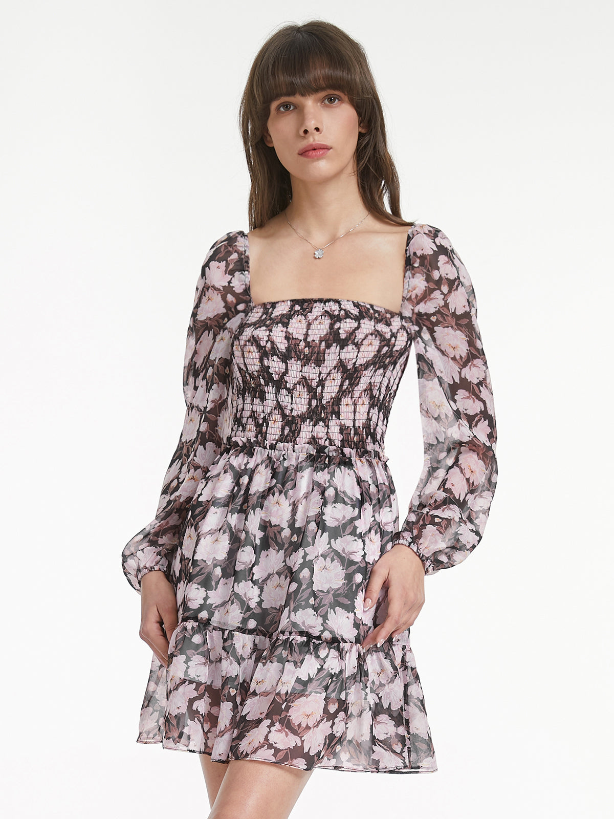 Thecomense - Mesh Long Sleeve Square Neck Tiered Short Floral Dress