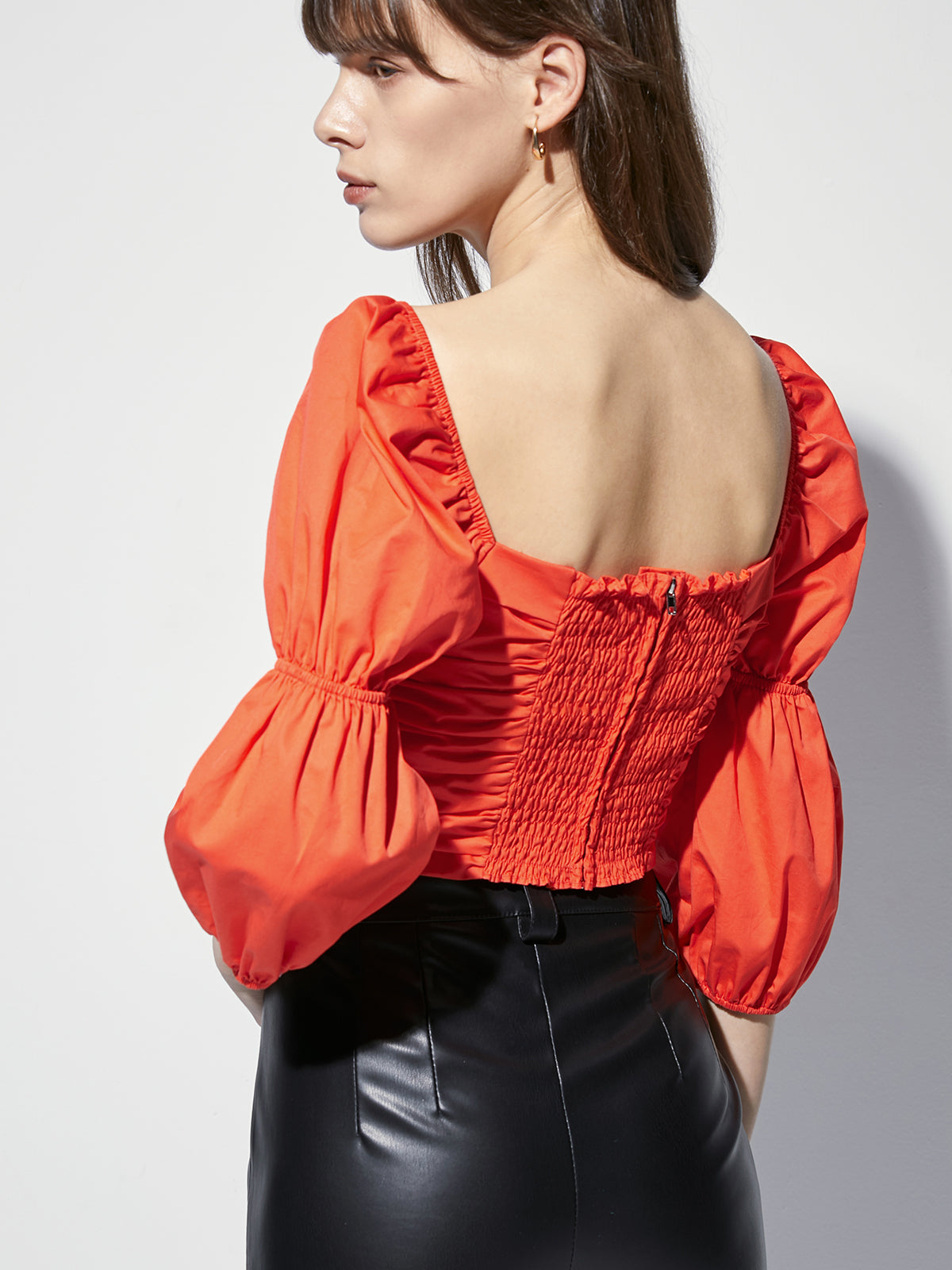 Thecomense - Square Neck Ruche Quarter Puff Sleeve Top