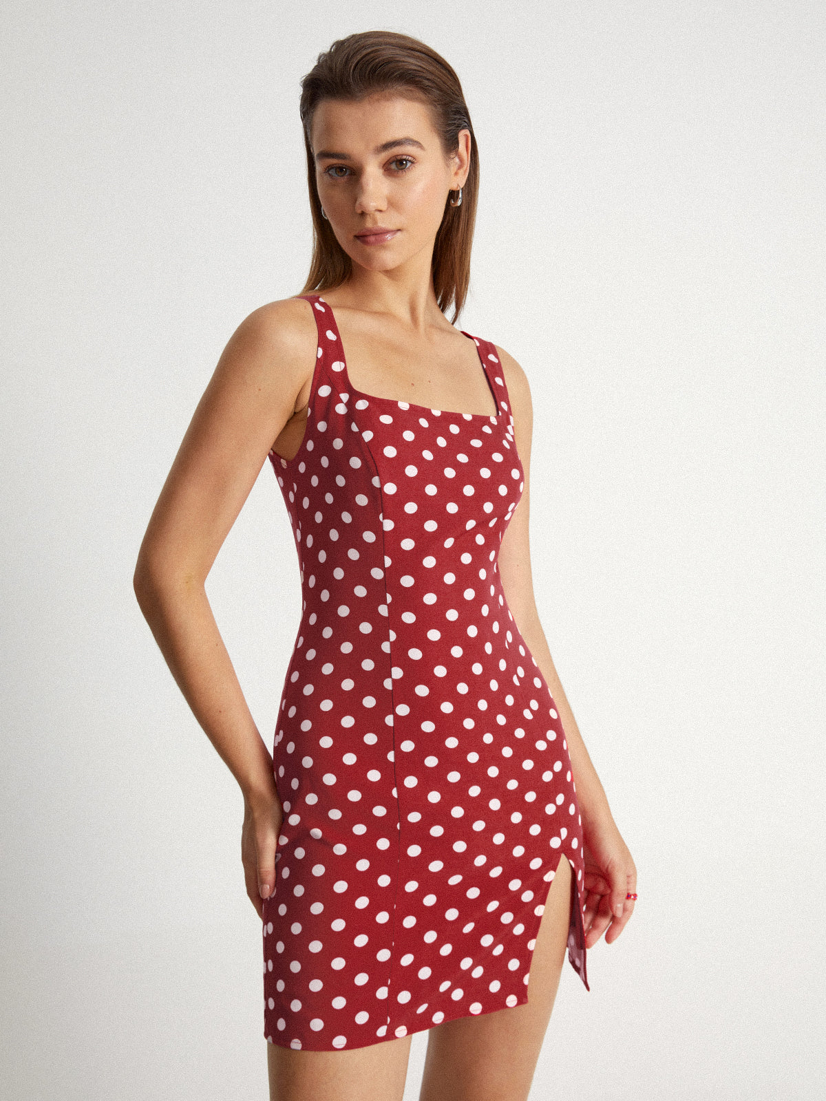 Thecomense - Square Neck Polka Dot Mini Strap Contour Dress