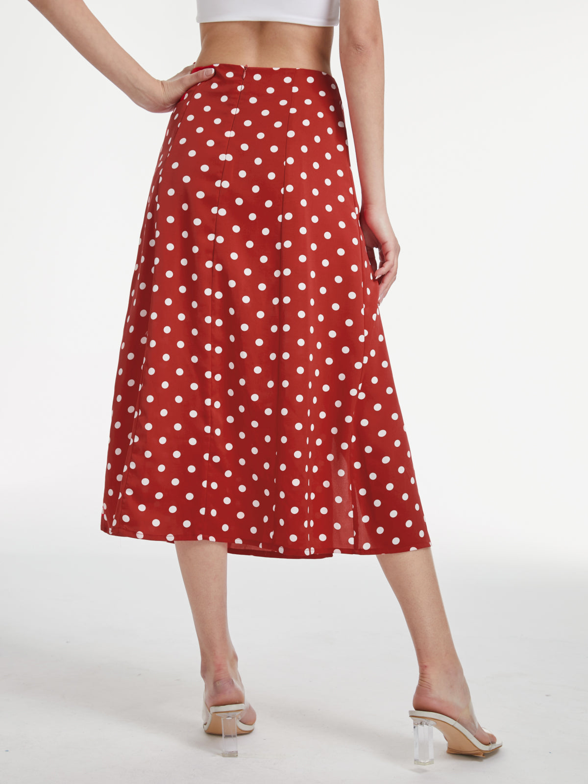 Thecomense - High Waisted Polka Dot Slit Midi Skirt