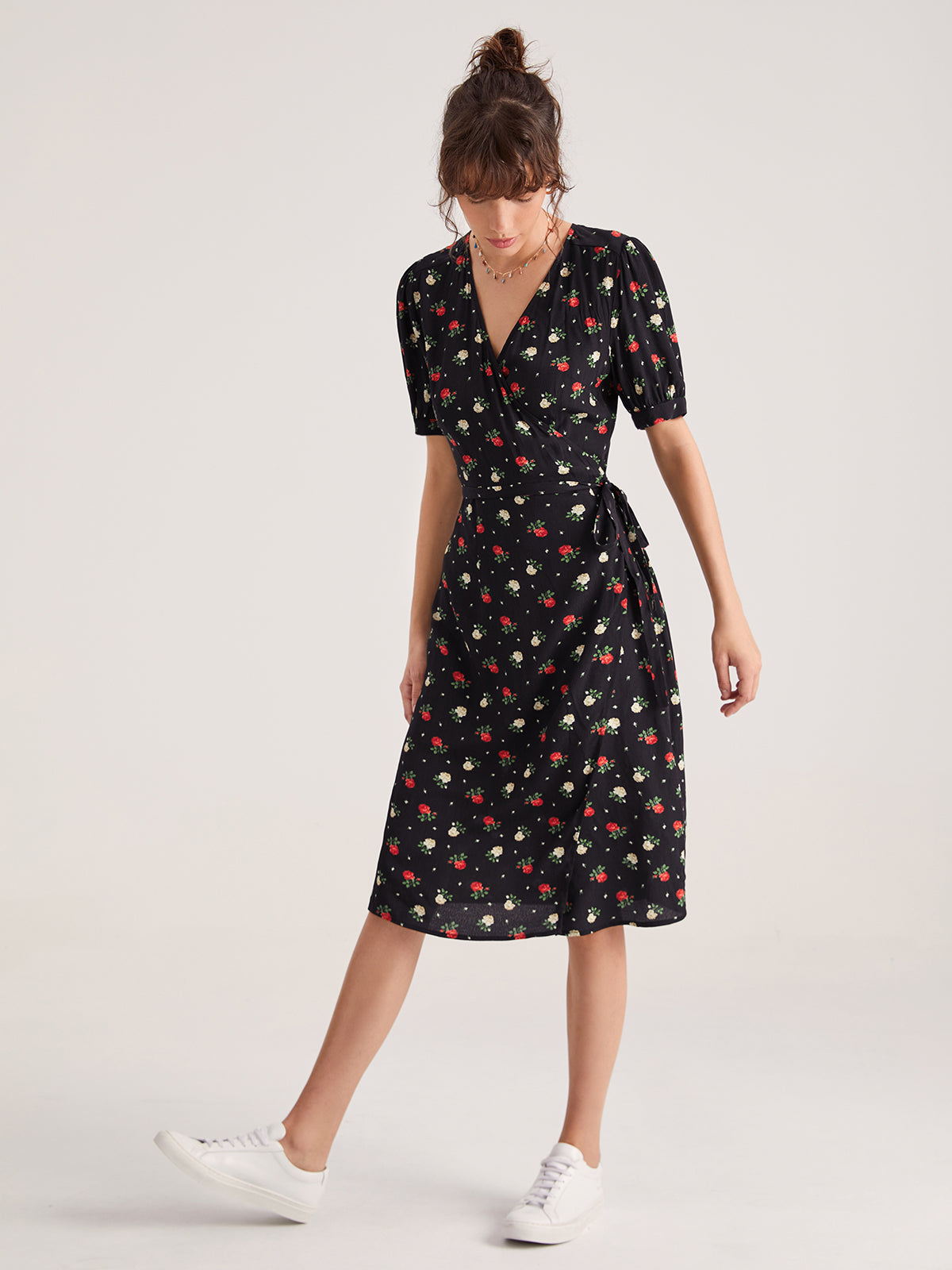 Thecomense - Floral Side Tie Thigh Split Midi Dress