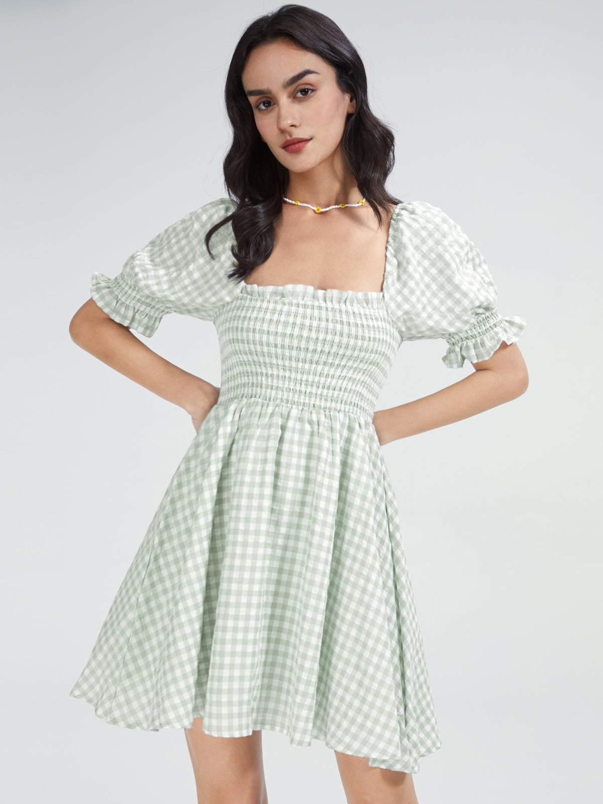 Thecomense - Square Neck Gingham Short Puff Sleeve Mini A Line Dress