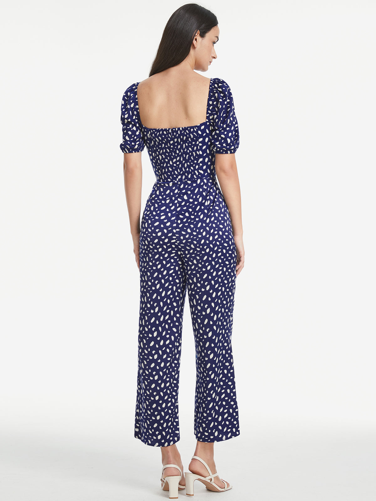 Thecomense - Petals Print Puff Sleeve Open Back Jumpsuit