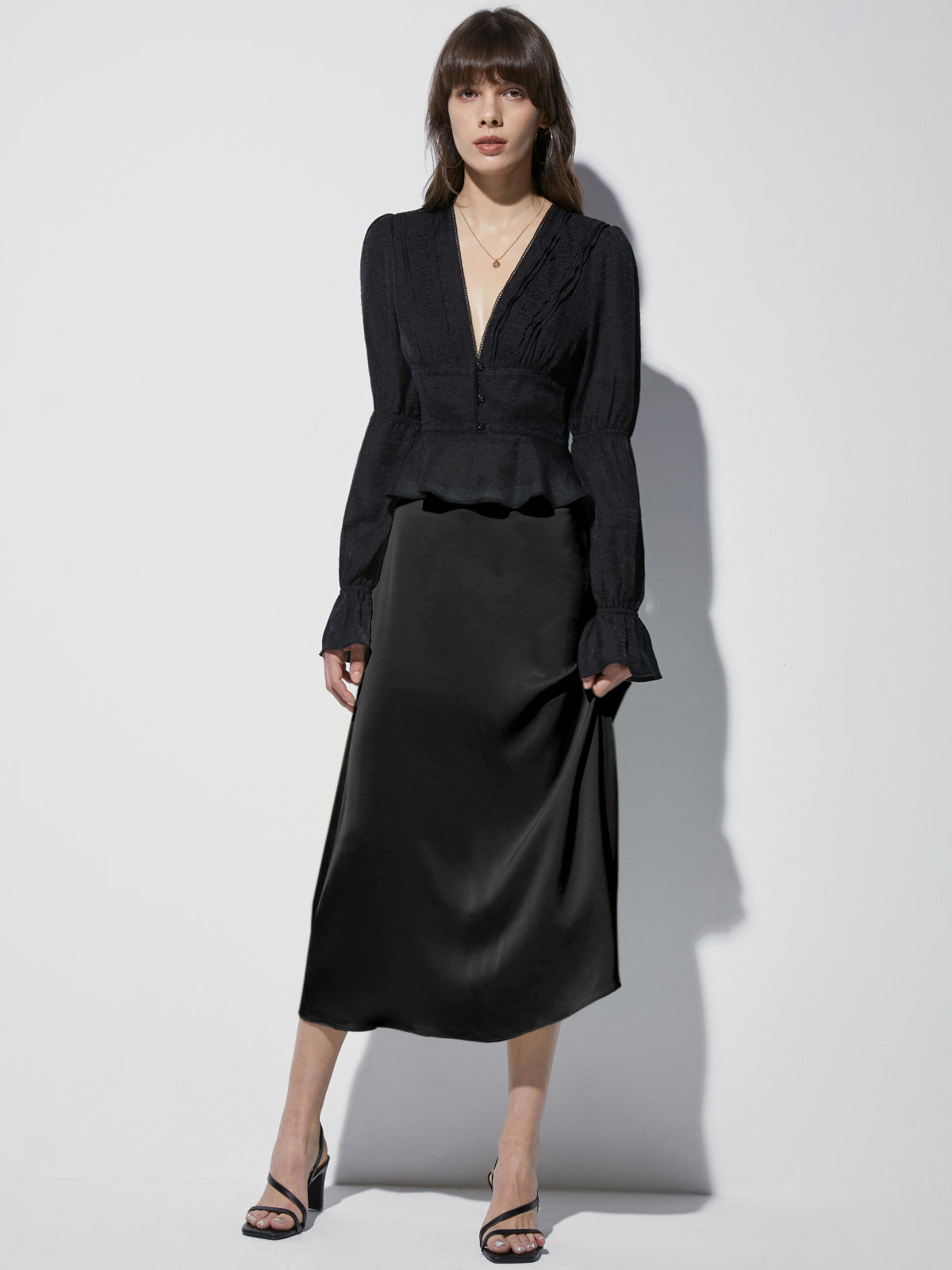 Thecomense - High Waisted Satin Midi Slip Skirt