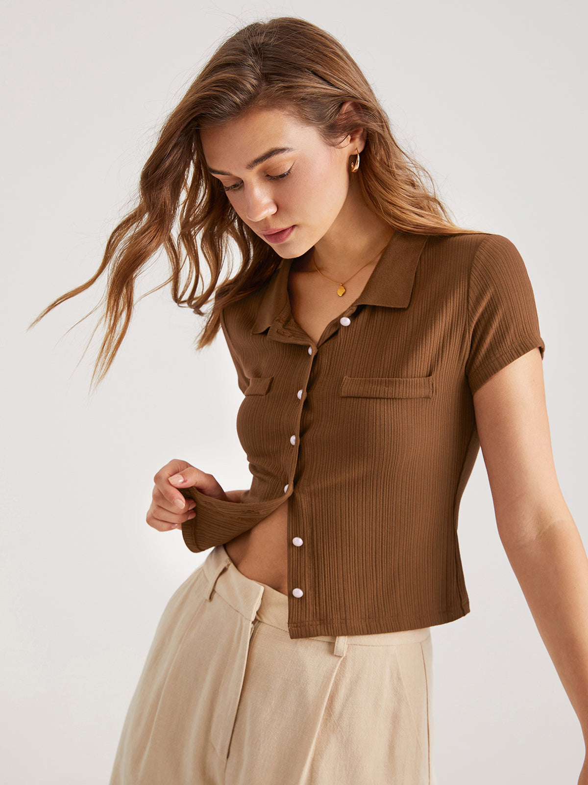 Thecomense - Collared Rib Button Up Short Sleeve Top