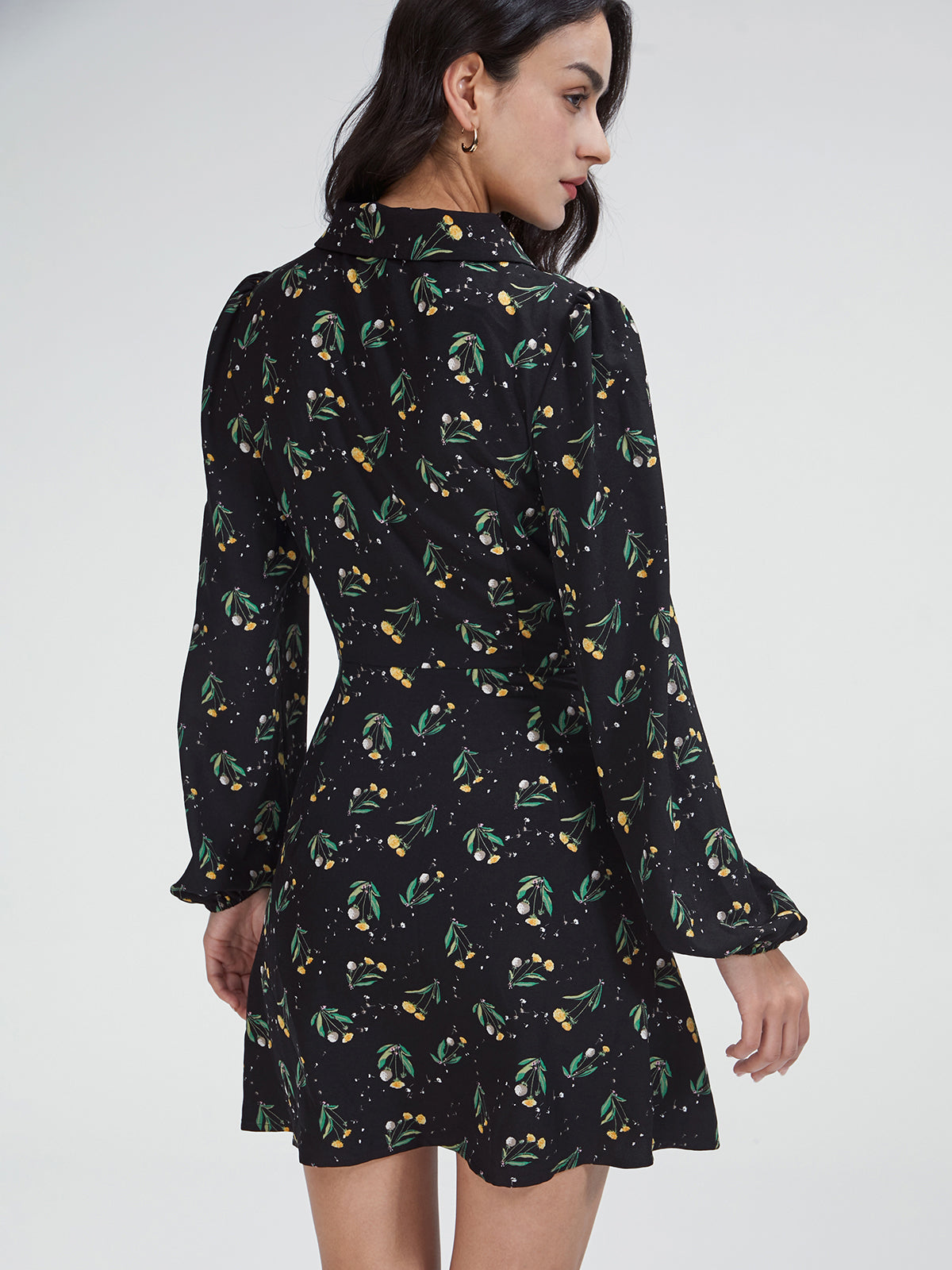 Thecomense - High Neck Keyhole Puff Sleeve Floral A Line Mini Dress