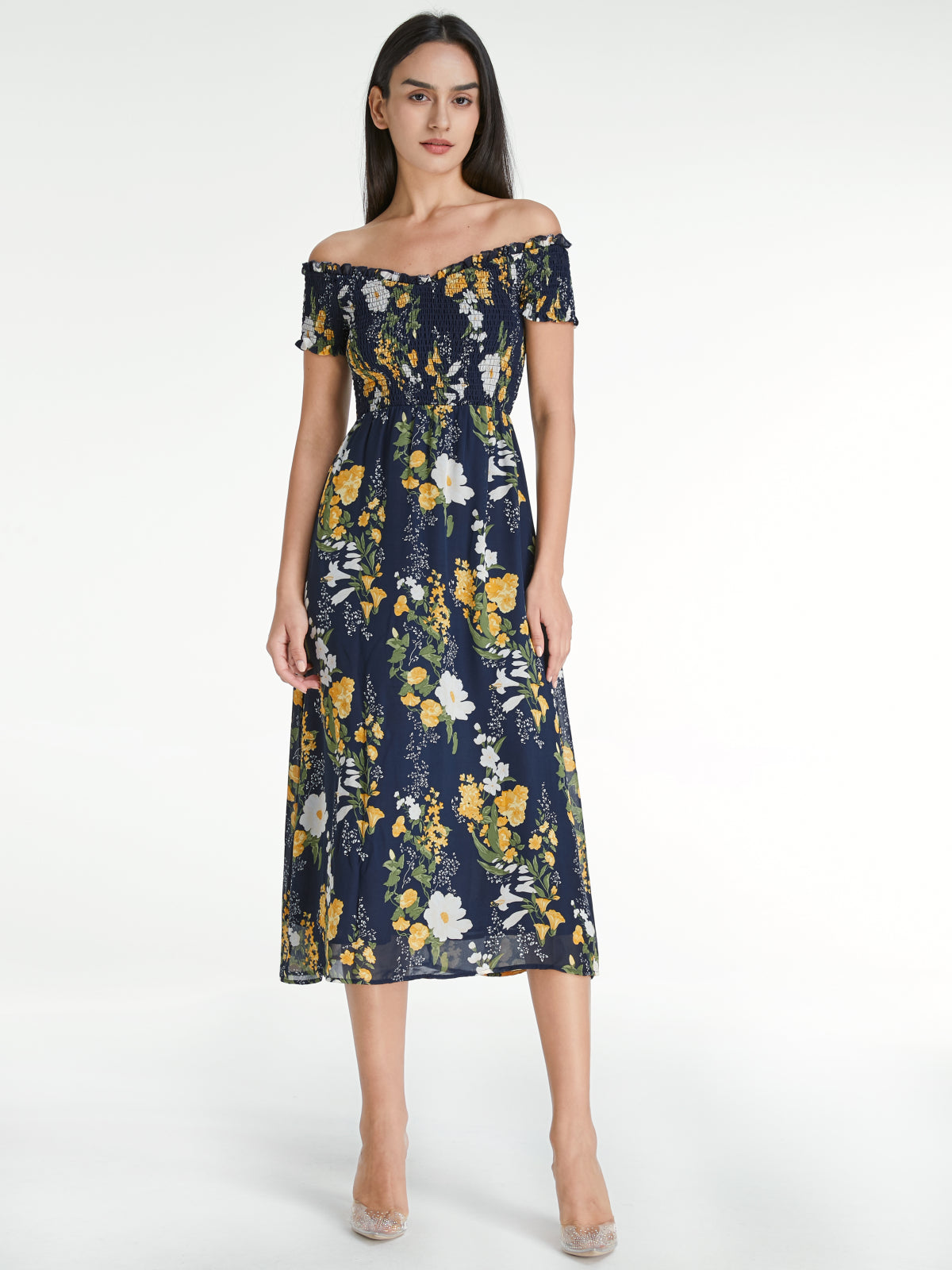 Thecomense - Off Shoulder Island Floral Ruffle Hem Mesh Midi Dress
