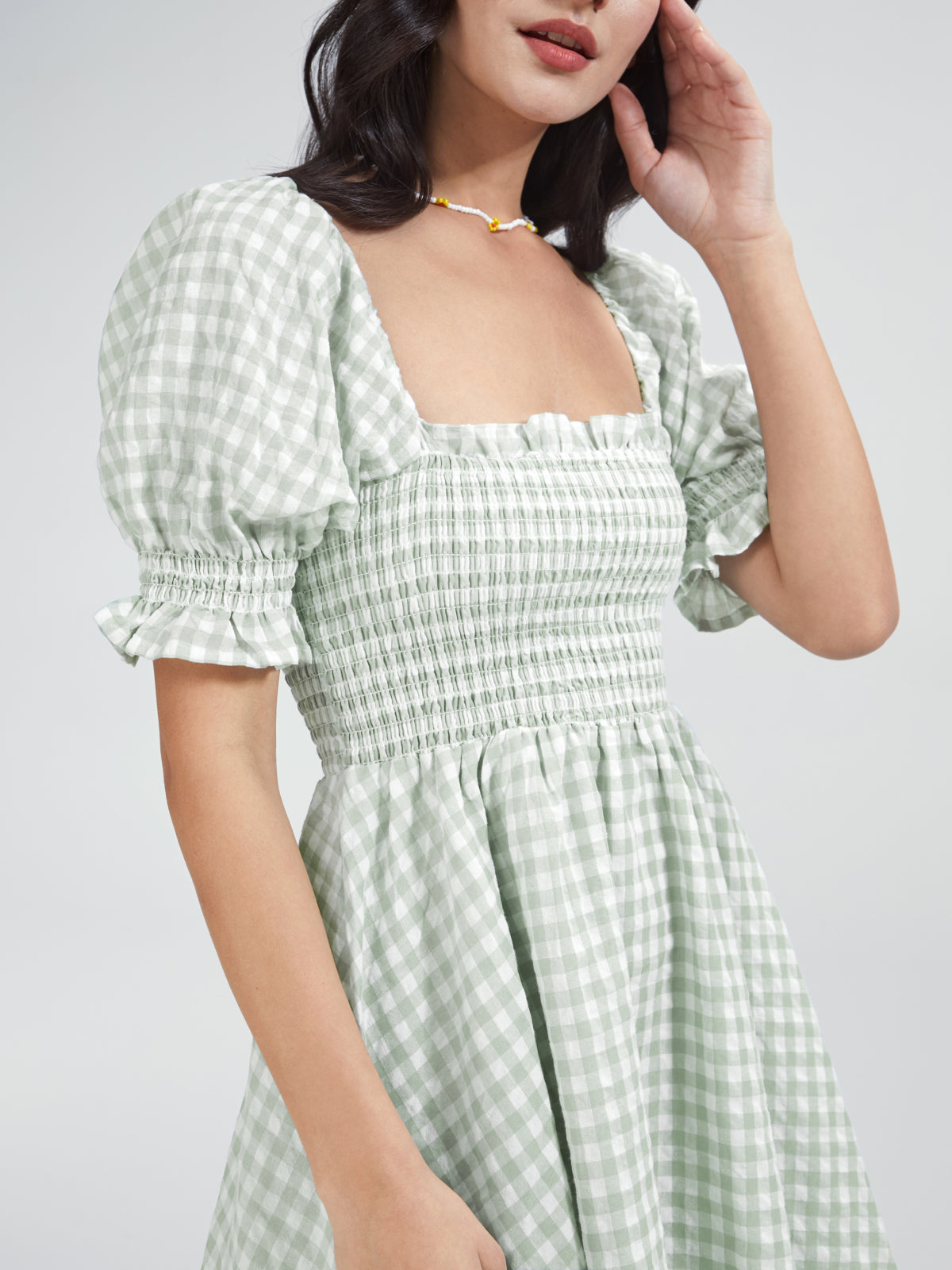 Thecomense - Square Neck Gingham Short Puff Sleeve Mini A Line Dress