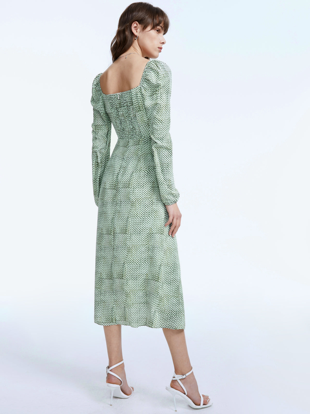Thecomense - Square Neck Long Puff Sleeve Patterned Midi Slit Dress