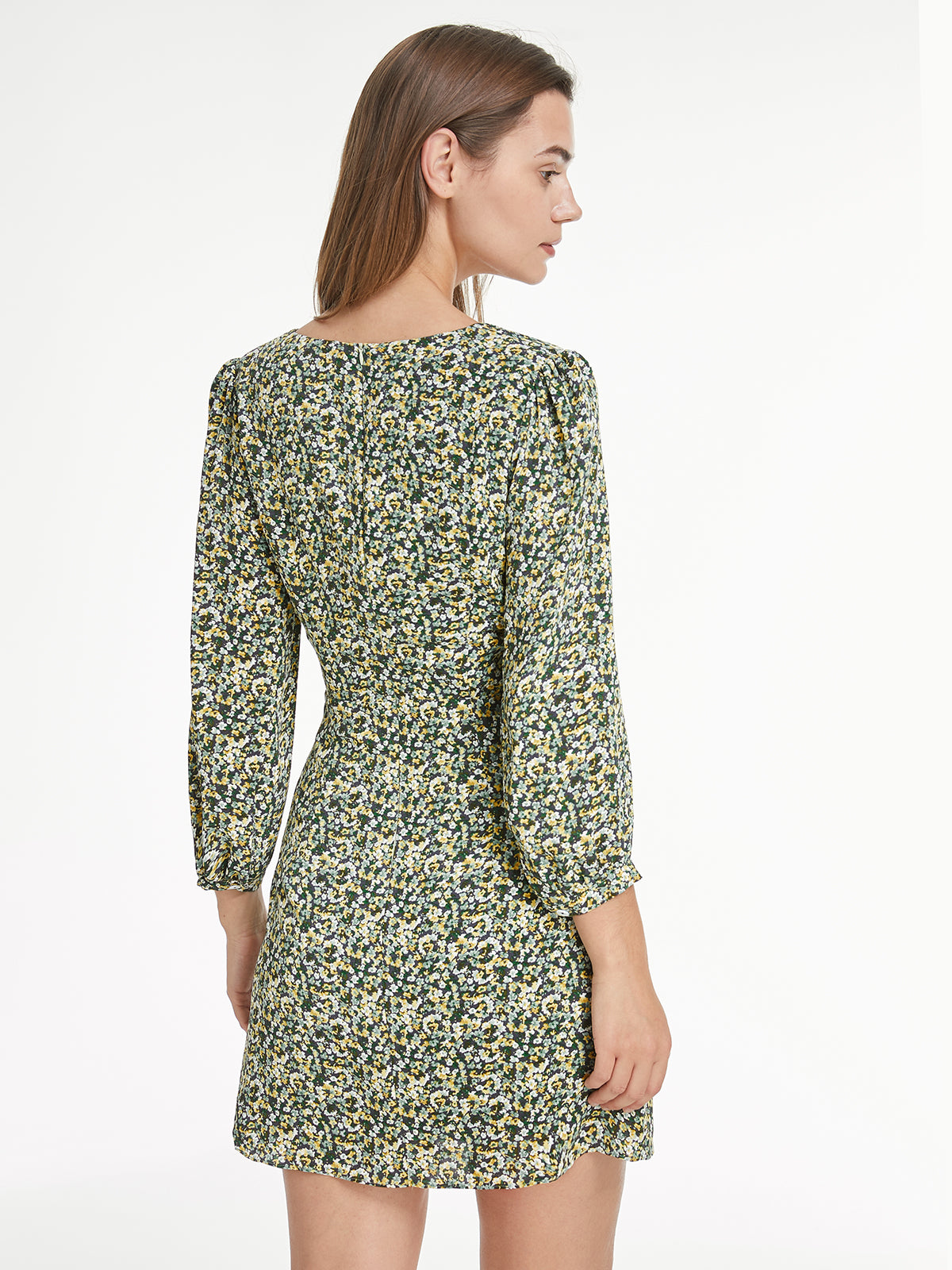 Thecomense - Mini Garden Floral Long Sleeve V Neck Mini Dress