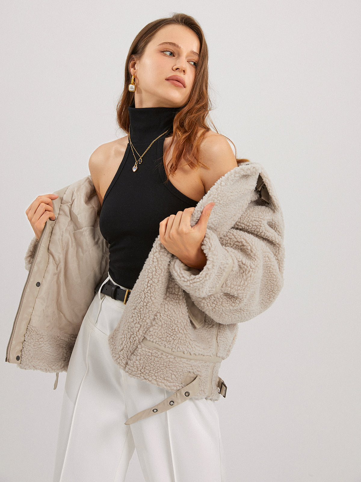 Thecomense - Fuzzy Fleece Collared Jacket