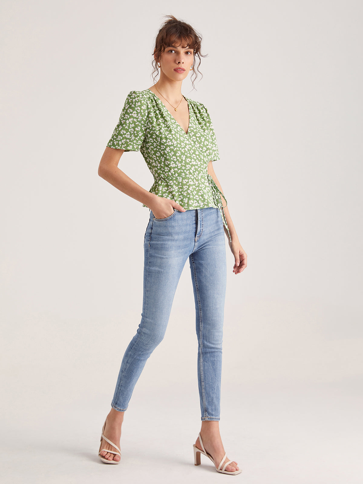 Thecomense - Floral Shoulder Pleat Wrap Top