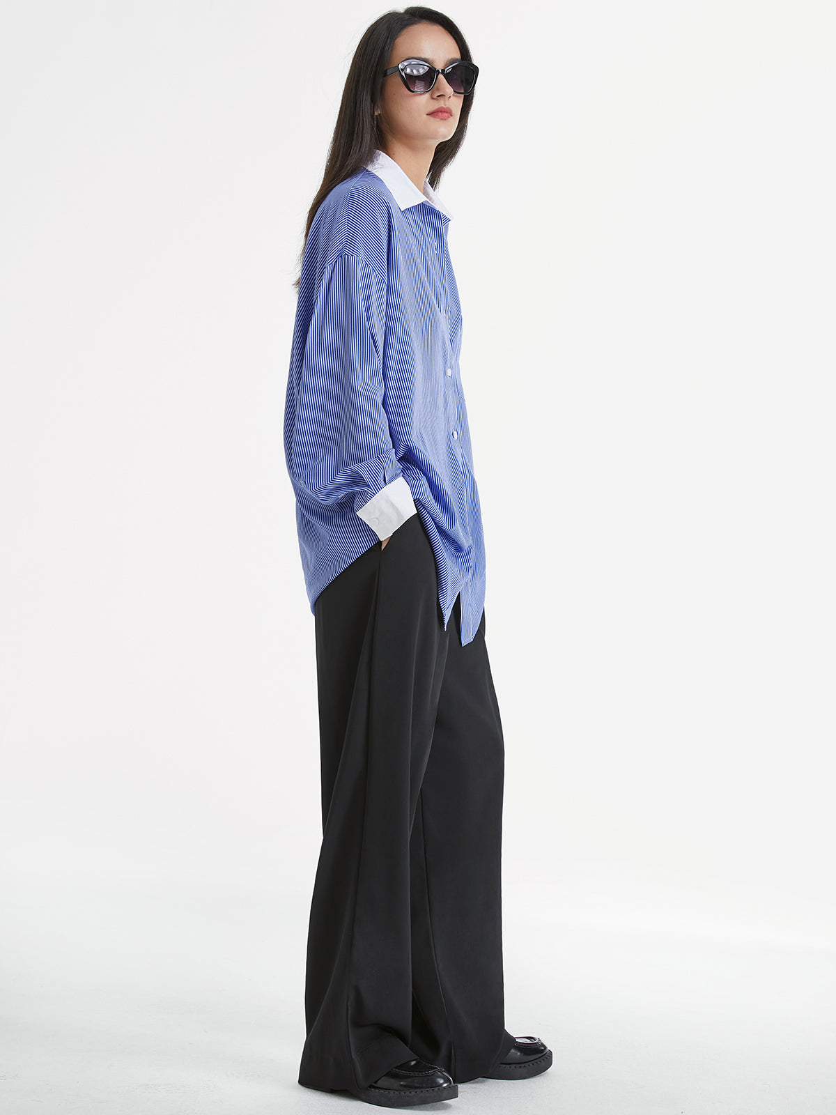 Thecomense - Striped Contrast Collar Cuff Oversized Dress Shirt