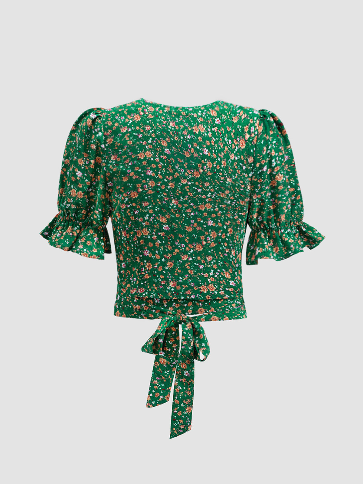 Thecomense - Short Puff Sleeve Floral Cropped Top