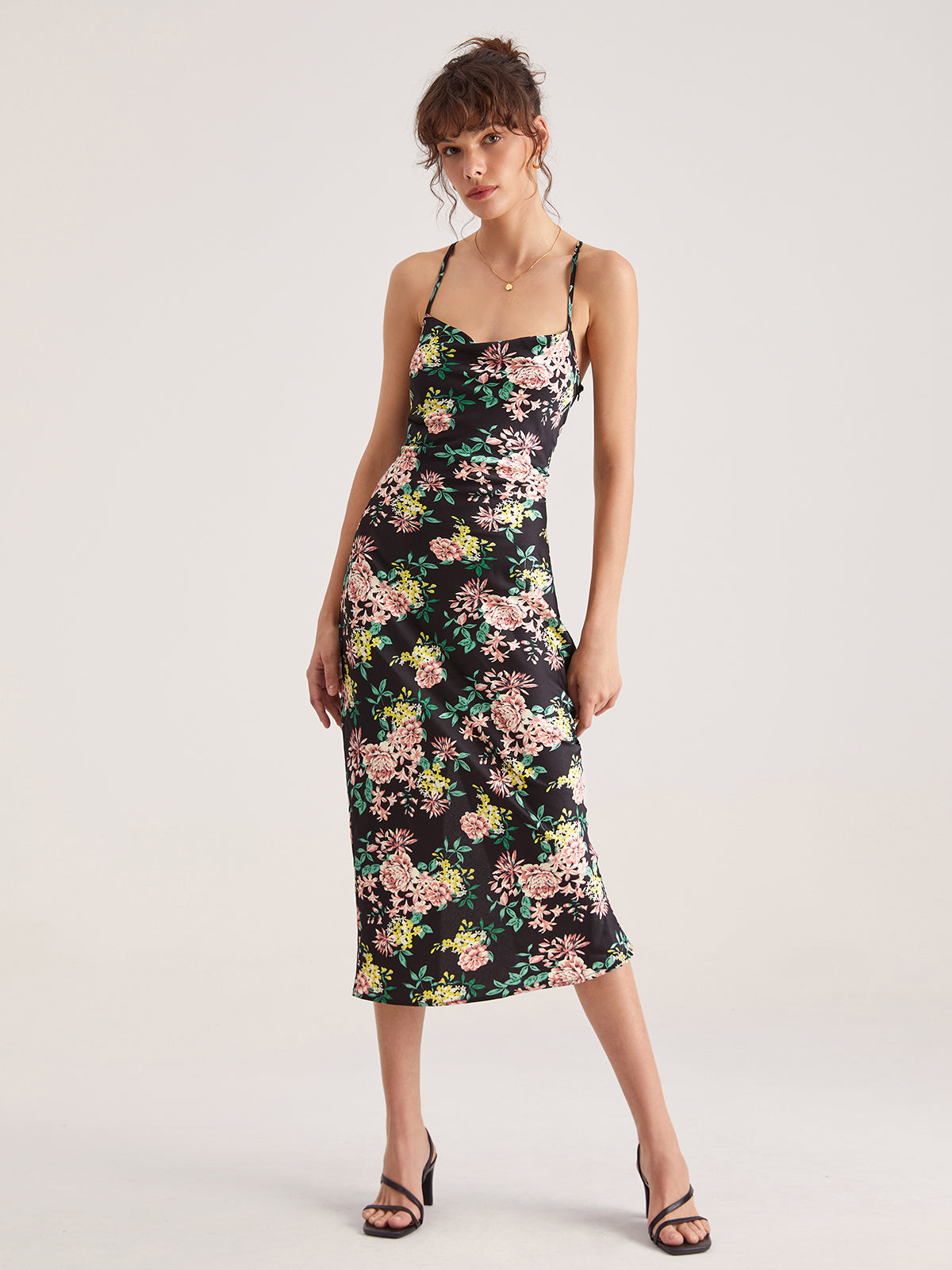 Thecomense - Floral Bodycon Strap Midi Dress