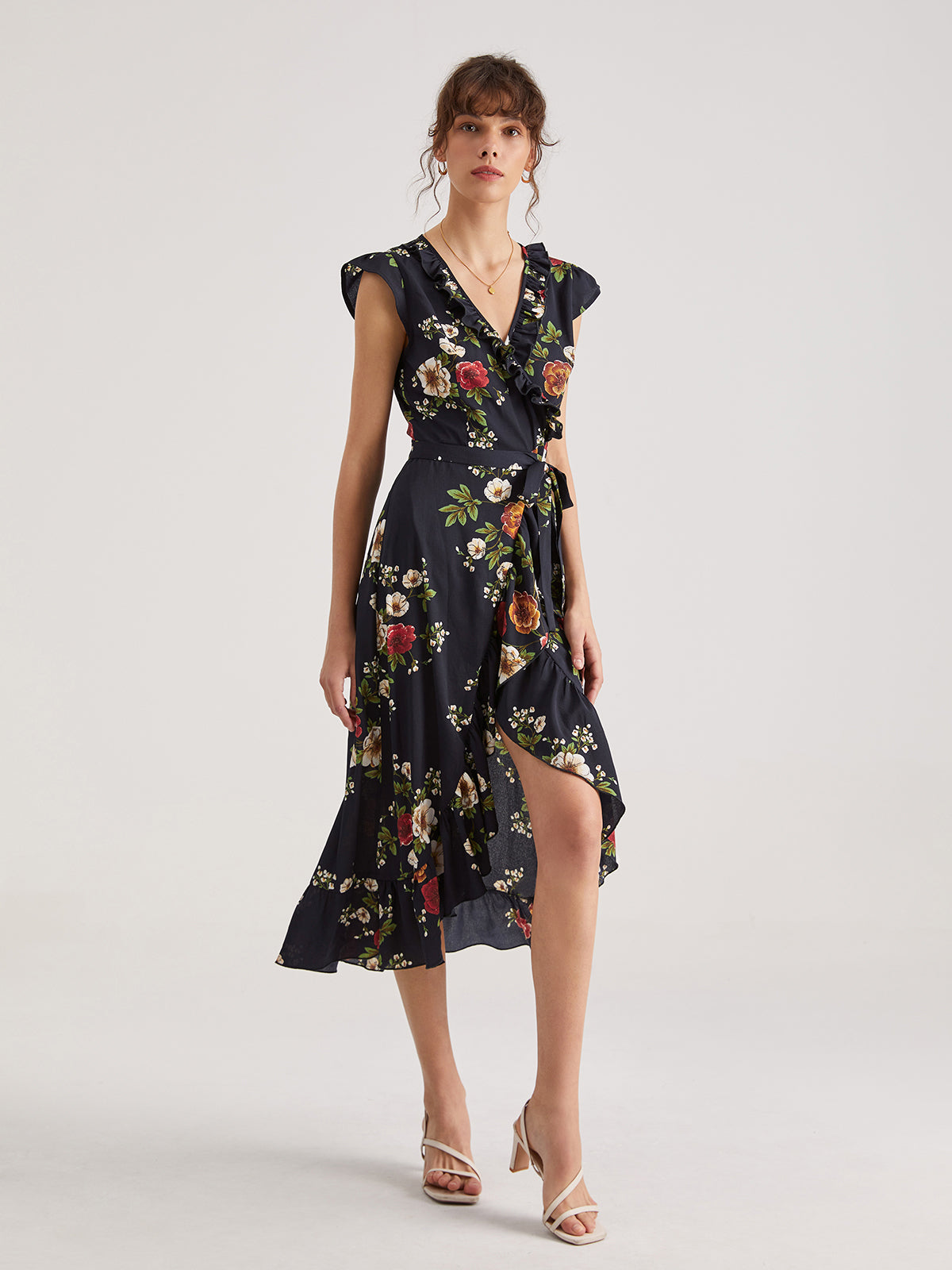Thecomense - Contrast Floral Print V-Neck Cap Sleeve Slit Dress
