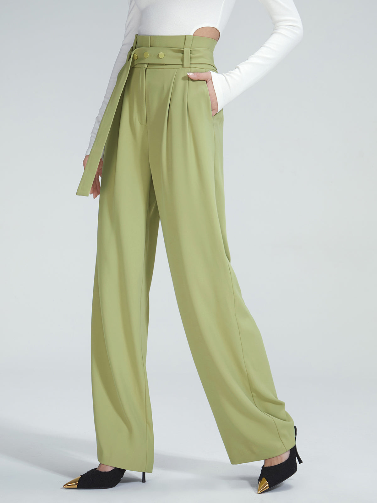 Thecomense - High Waisted Belted Pleat Front Trousers