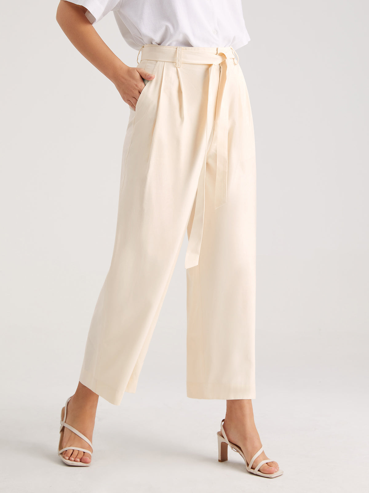 Thecomense - Belted Wide Leg Pleat Front Trousers