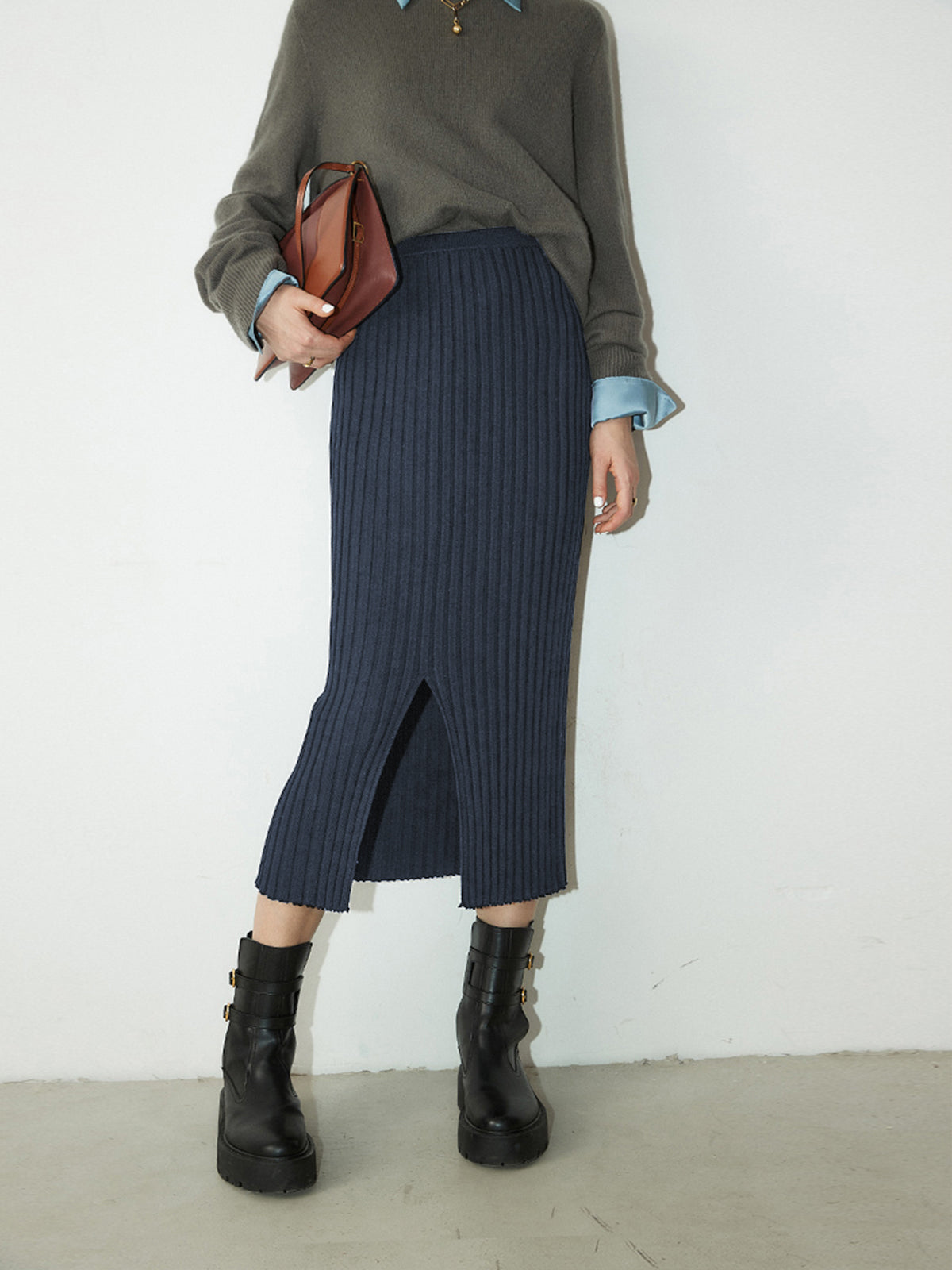 Thecomense - Ribbed Long Knitted Skirt with Slit