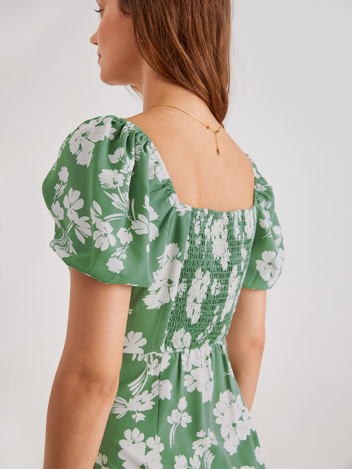 Thecomense - Puff Sleeve Floral Ruffle Midi Dress